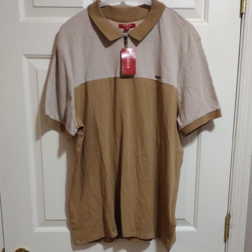 Guess Armen Zip Johnny Taupe Men's Two-Tone Polo Shirt XL 🆕